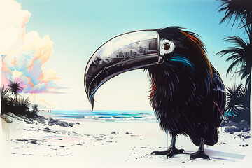Ilustracja gigantycznego ptaka abstrakcyjnego tukana na plaży - obrazy, fototapety, plakaty