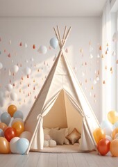 Beautiful interior of kids room in light pastel colors with teepee tent. Generative Ai.