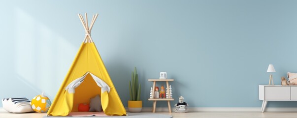 Beautiful interior of kids room in light pastel colors with teepee tent, banner. Generative Ai.