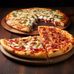 Different Pizza Slices on Wooden Table