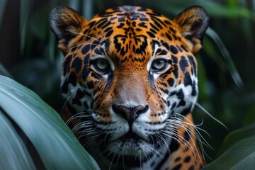 Obraz premium An intense close-up of a jaguar's face as it emerges from lush green foliage, commanding attention with its stare