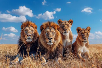 Regal image of a confident pride of lions, including the king and three lionesses, posed proudly...