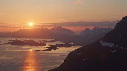 Nordic Twilight: Mountain, Sea, and Islands Silhouette. Generative AI