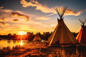 Camp place full of teepees in nature with colorful sunset light. Generative Ai.