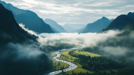 Wide angle landscape of misty mountain valley - obrazy, fototapety, plakaty