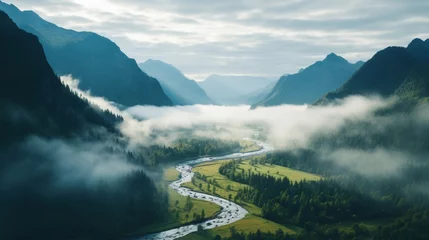 Gordijnen Wide angle landscape of misty mountain valley © stocksbyrs