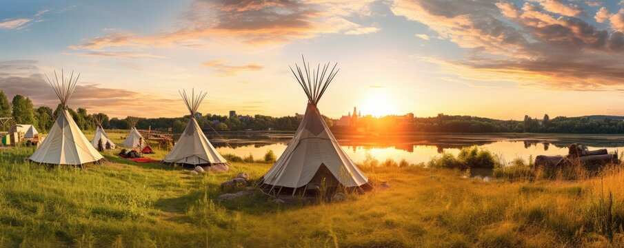 Camp place full of teepees in nature with colorful sunset light, banner. Generative Ai.