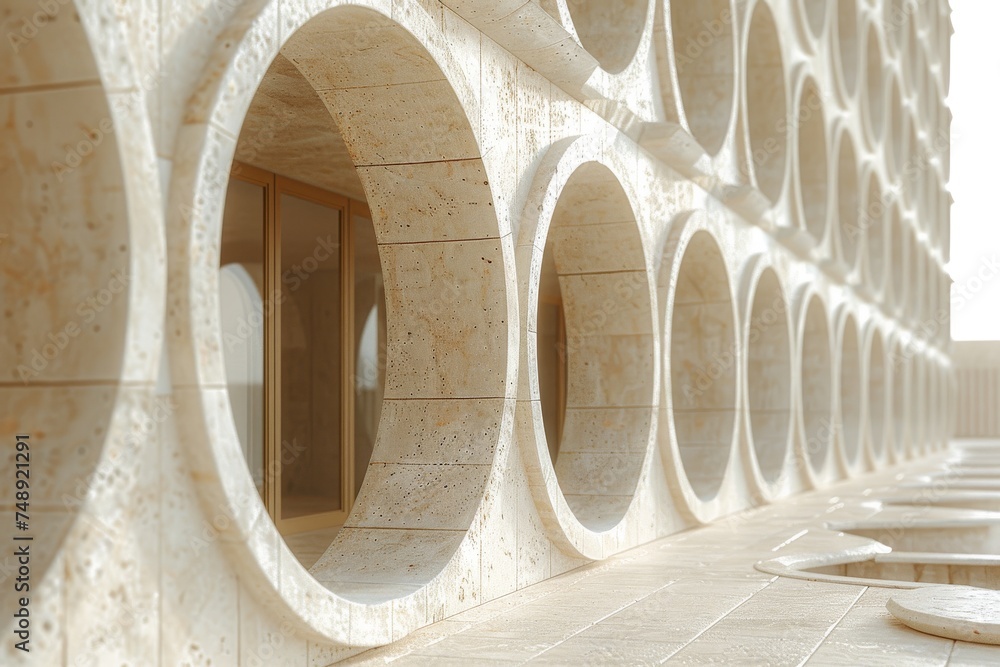 Poster a row of cylindrical arches cast shadows on the ground, a seamless blend of geometry and serenity in