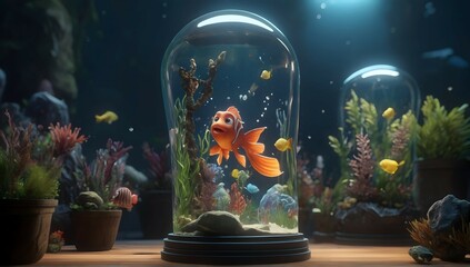 an aquarium with Ariel in a light bulb,