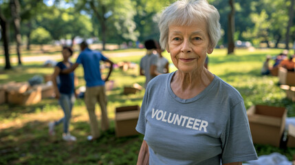 elderly woman with a radiant smile, wearing a T-shirt that reads "VOLUNTEER."