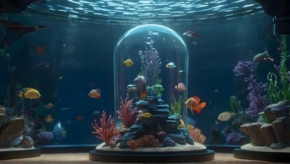 an aquarium with Ariel in a light bulb," 3D gaming cinematic feel, epic 3D video game graphics, intricate details, 8K resolution, dynamic lighting, Unreal Engine 5, CryEngine, trending on ArtStation, 