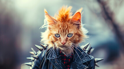 portrait of a funny punk kitten in a leather jacket, heavy metal cat