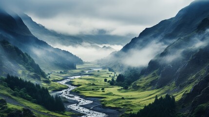 Expansive shot of misty mountain valley dreamy scenery - obrazy, fototapety, plakaty