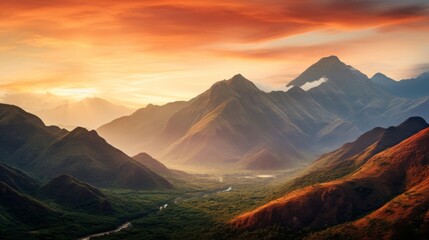 Wide angle shot of mountain scenery at dawn