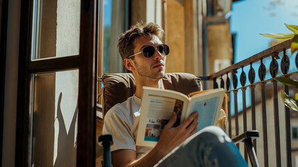 homme en train de lire sur un balcon au soleil