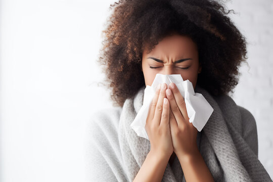 Young African American woman with flu. Blowing her nose into a tissue. Concept of cold or allergy season