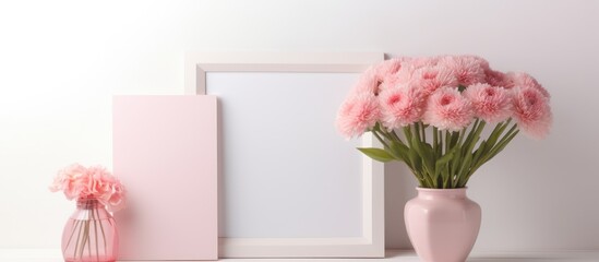 A bouquet of pink flowers in a vase sits next to a picture frame on a white wall. The bright pink flowers contrast beautifully with the white background, adding a pop of color to the room.