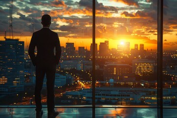 A silhouetted businessman stands before large panoramic windows looking out over a sprawling cityscape at sunset signalling end of a workday
