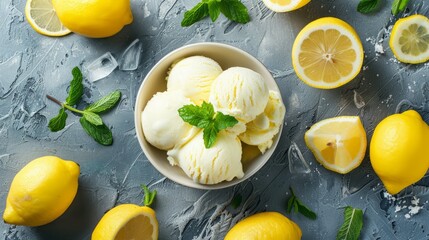 bowl of lemon flavored ice cream garnished with fresh mint leaves surrounded by whole and sliced lemons and mint leaves on a textured surface - obrazy, fototapety, plakaty