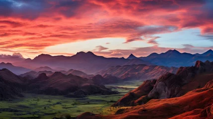 Zelfklevend Fotobehang Soft glow of dawn on mountain landscape in wide angle © stocksbyrs