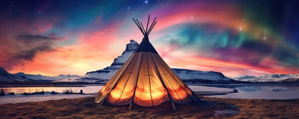 Teepee tent in the middle of cold nature with aurora lights on the sky, banner. Generative Ai.