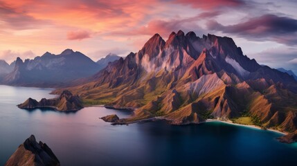 Dawn light over mountain range in wide angle view