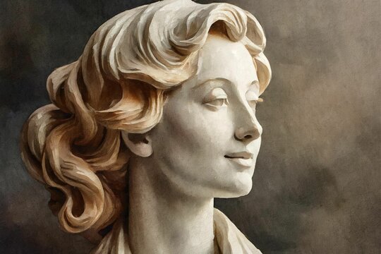 A marble sculpture of a woman a the dark background