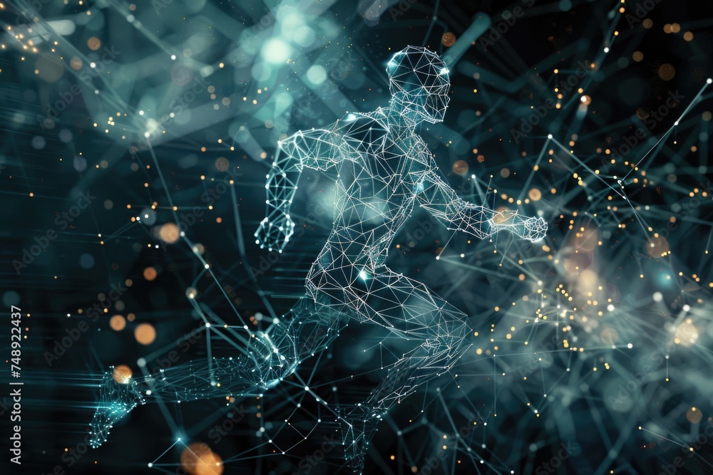 Poster A man running through a digital network, suitable for technology concepts