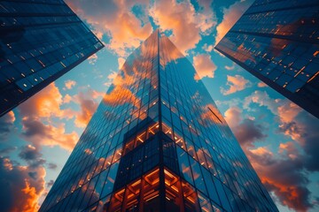 The warm glow of sunset reflects off a skyscraper creating an illusion of the building being ablaze in a cityscape