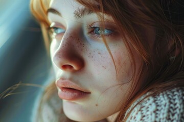 Close up of a woman with freckles. Suitable for skincare products advertising
