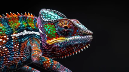 Gordijnen A vibrant chameleon perched on a dark surface. Ideal for nature and wildlife themes © Fotograf
