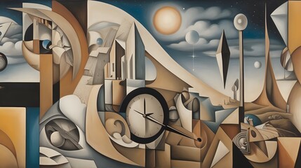 the concept of time as fluid and nonlinear in a Cubist dreamscape, where past, present, and future intersect in a mesmerizing collage of moments.
