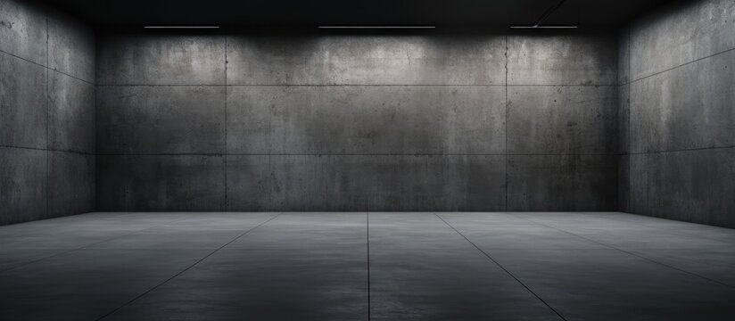 A black and white image showing an empty room with stark architecture and a dark concrete wall. The room appears bare and devoid of any furniture or decoration.