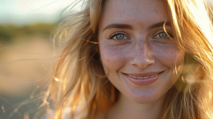 A detailed image of a woman with freckles on her face. Suitable for beauty and skincare concepts