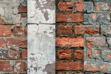 Close up of a brick wall with peeling paint. Suitable for backgrounds or texture overlays