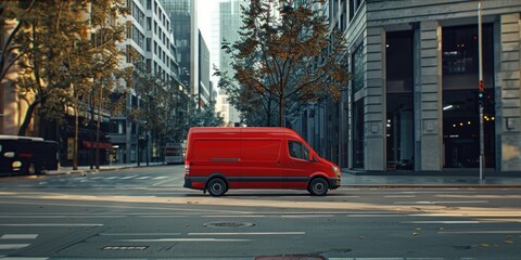 A red van driving down a city street. Suitable for transportation concepts