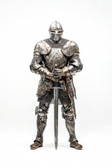 Fototapeta premium chevalier en armure du moyen-âge, debout, de face, sur fond blanc