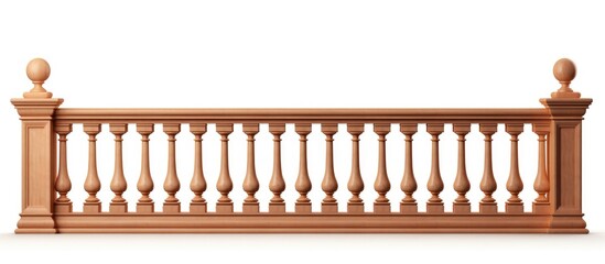 A wooden railing with balconies and wooden columns, set against a plain white background. The design features intricate details in the woodwork, adding a touch of traditional charm to the overall