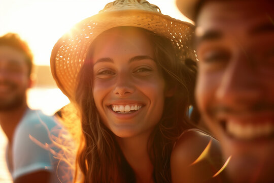 A woman smiling while being photographed by her male friends on vacation.