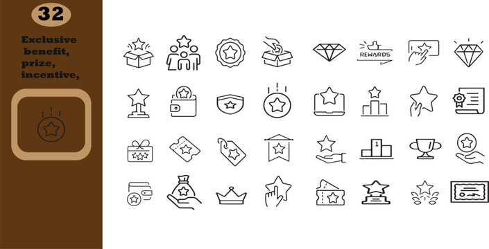 Exclusive benefit, prize, incentive, reward editable stroke outline icons set isolated on white background flat vector illustration