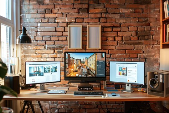 A modern workspace setup with dual monitors and keyboard. Perfect for business and technology concepts