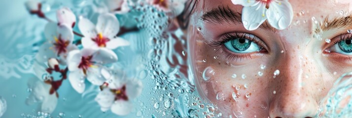portrait of a beautiful girl in close-up, splashes of water, white flowers, clean skin concept, horizontal banner for beauty and cosmetology