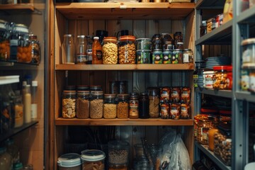 A pantry filled with a variety of different types of food. Ideal for food storage or kitchen...