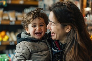 A woman holding a child in a store. Suitable for family shopping concept