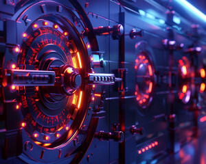 3D visualization of a secure digital vault with glowing keys embodying cuttingedge cybersecurity tech