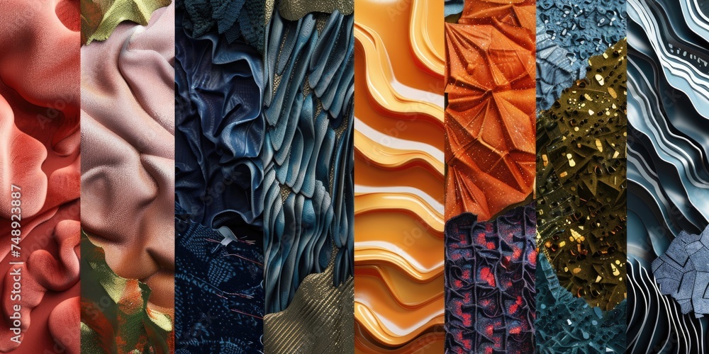 Poster a vibrant collage of different colored fabrics. ideal for textile design projects