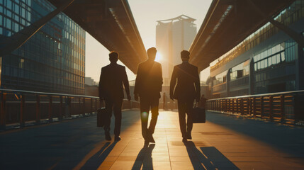 silhouetted business professionals walking across a bridge towards the sunlight with a cityscape in the background, suggesting themes of success, leadership, and future goals. - obrazy, fototapety, plakaty