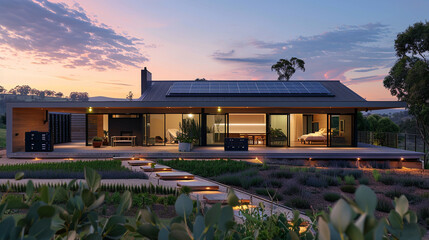 Dusk settles on a modern home solar panels gleaming storage batteries lined neatly Ecosustainability meets design
