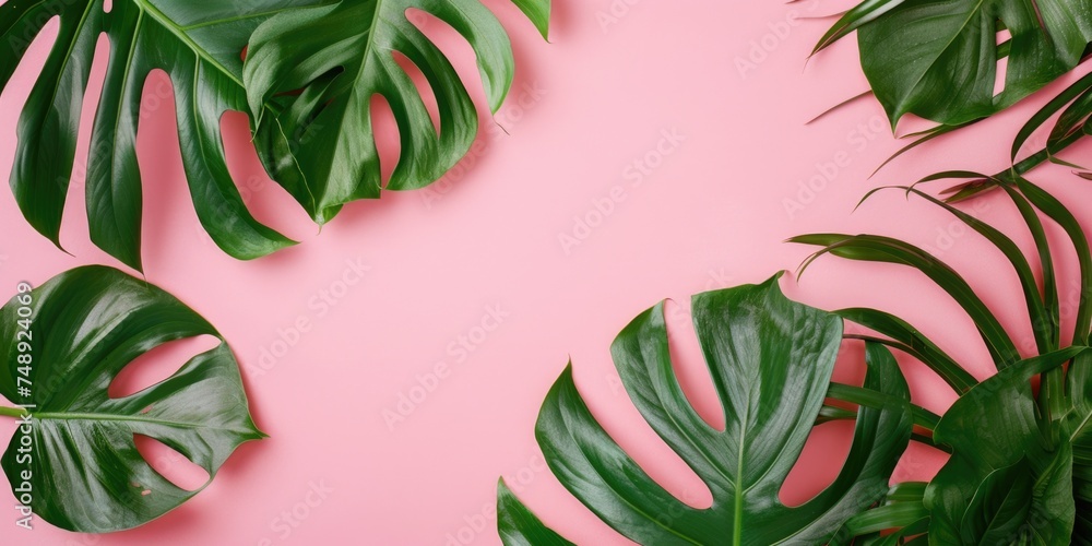 Poster A vibrant image of green leaves on a pink background. Perfect for adding a pop of color to any design