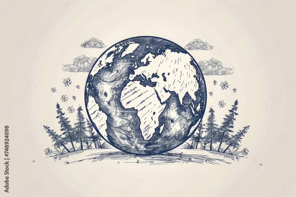 Poster a drawing of the earth surrounded by trees, suitable for environmental concepts